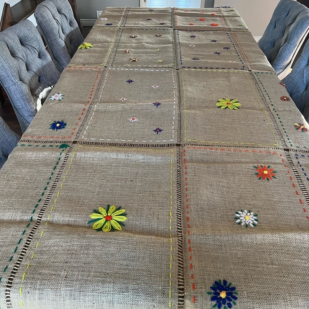 Boho Handmade Burlap Table Cloth - Size 104 in x 60 in.